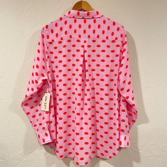 ~ NEW Macy's 2x Blouse Pink Red Lips Kiss Long Sleeve Button Shirt Flowy XXL NWT - Picture 10 of 12